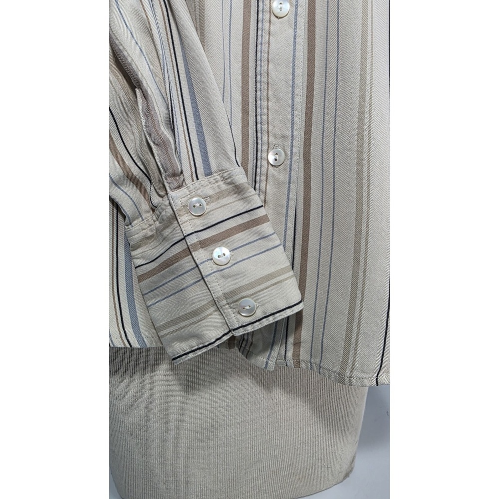 Kate Hill Casual 100% Silk Brown Tan Blue Striped Long Sleeve Blouse - Sz S - Picture 3 of 6